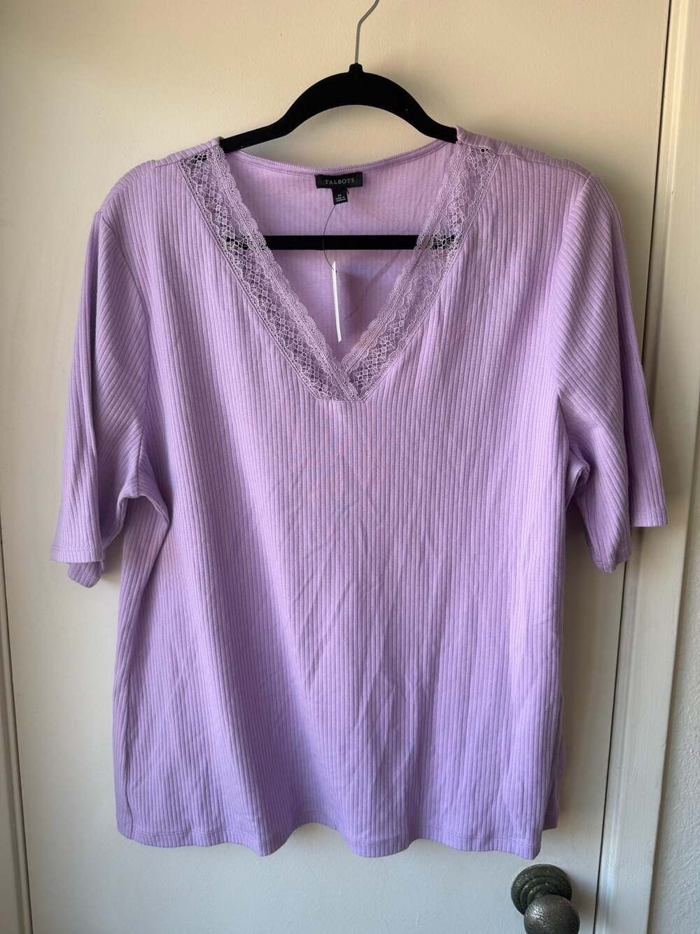 Talbots Ribbed V-Neck Tee with Lace Trim